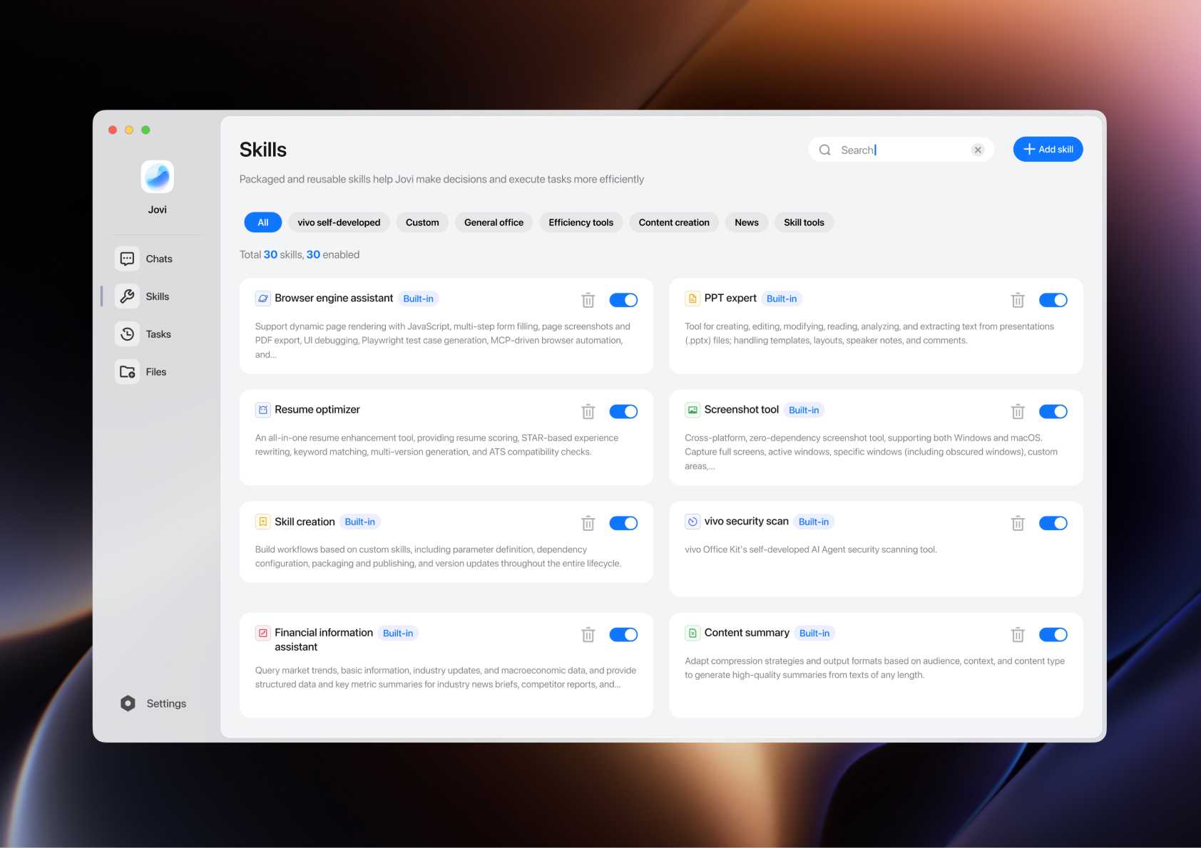 vivo OriginOS 7 featuring curated skills for Jovi